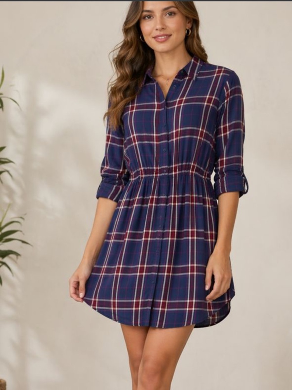 Express Navy, Burgundy & White Plaid Button-Up Shirt